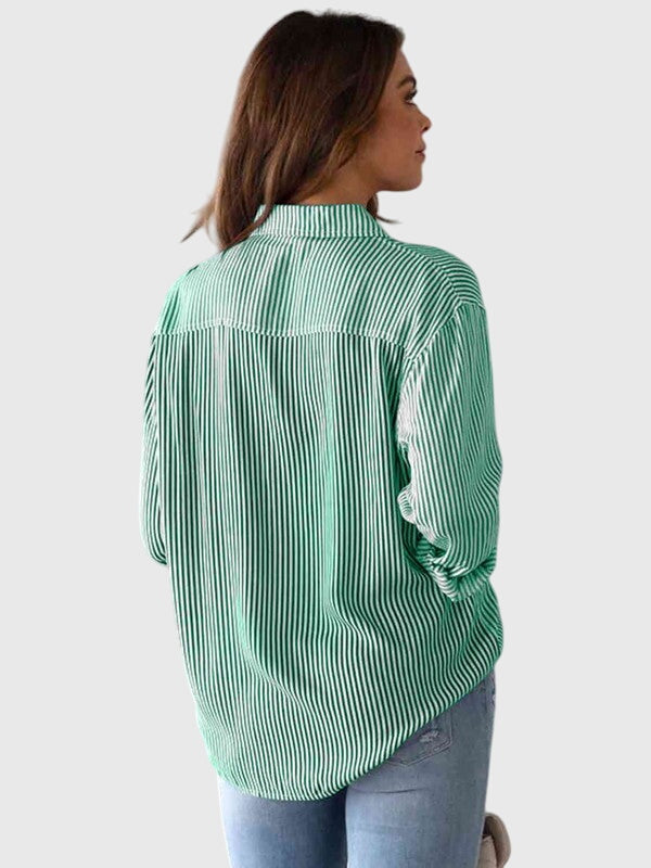 Casual sand striped collared women's shirt, a stylish everyday long-sleeve top.