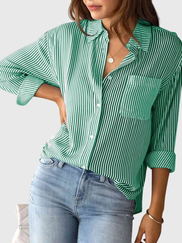 Casual blue striped collared women's shirt, a stylish everyday long-sleeve top.