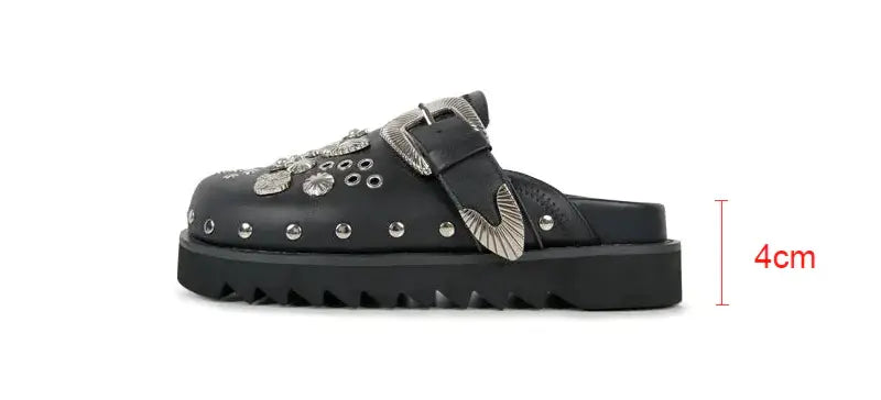 Bold studded black platform sandals for women, adding an edgy touch to any outfit.