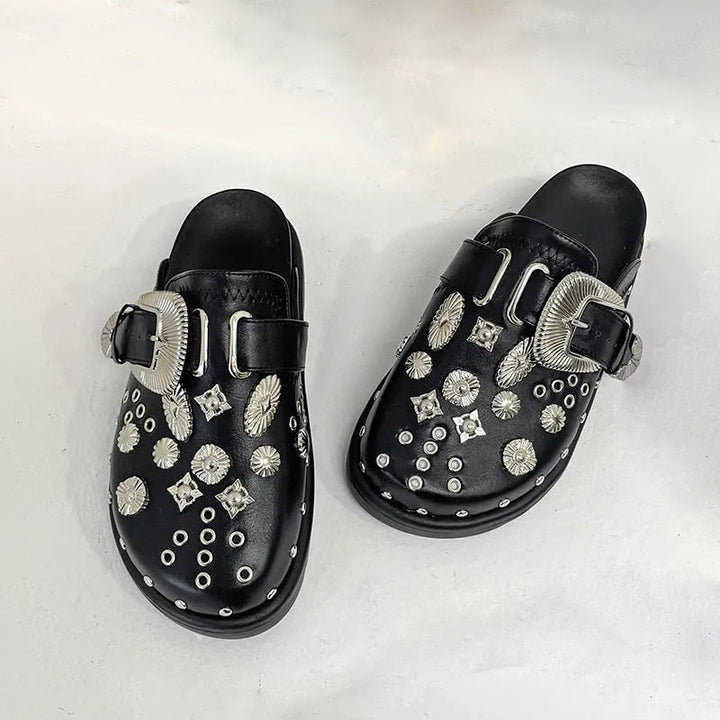Edgy women's platform sandals with silver stud embellishments, ideal for summer fashion.