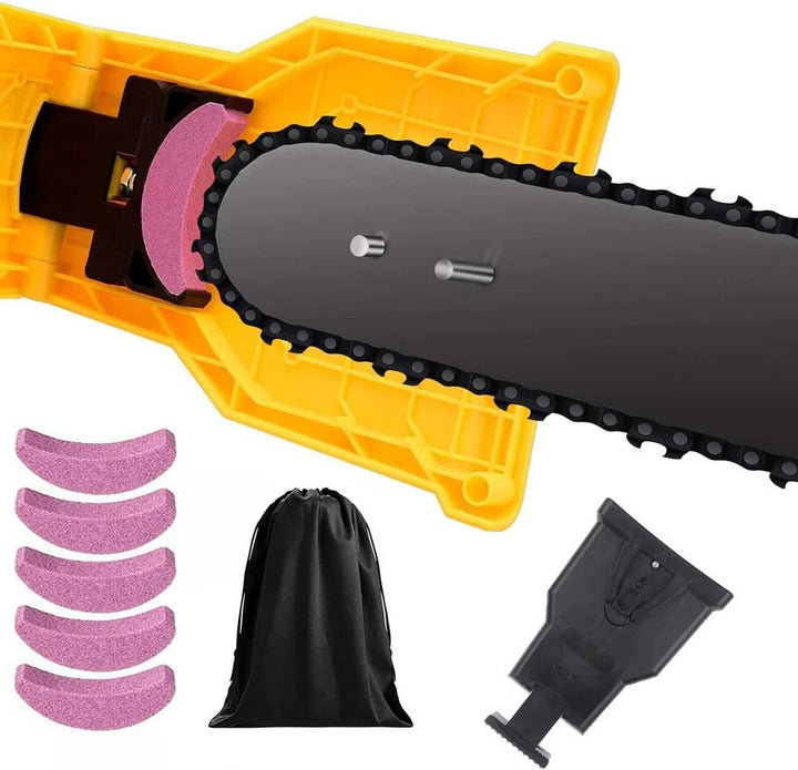 Handheld chainsaw blade sharpener, ideal for outdoor wood cutting & gardening tasks.