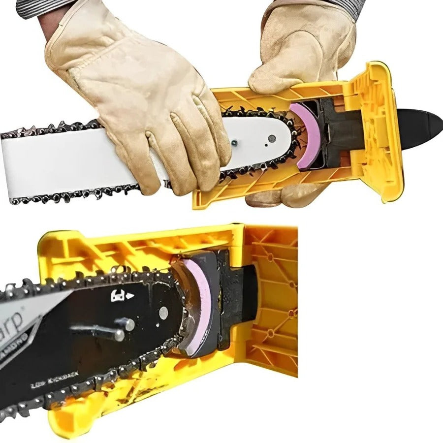 Quick-sharpen utility tool for all chainsaw blades, highly portable for any job.