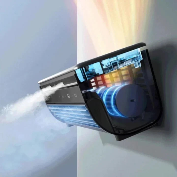 Cordless portable AC unit with rechargeable fan, providing quiet, personal cooling for office, dorm, or desktop.