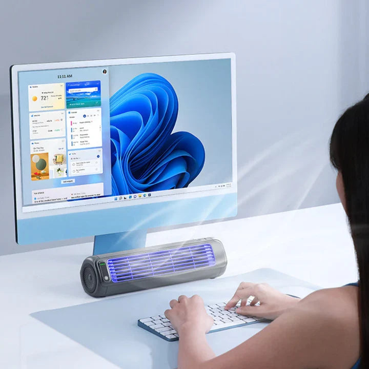 Compact desktop personal air conditioner, a quiet & energy-efficient cordless cooler for your office or workspace.