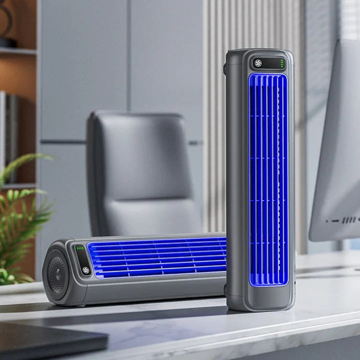 Energy-efficient portable personal AC unit, a quiet cordless cooler and rechargeable fan for optimal comfort.