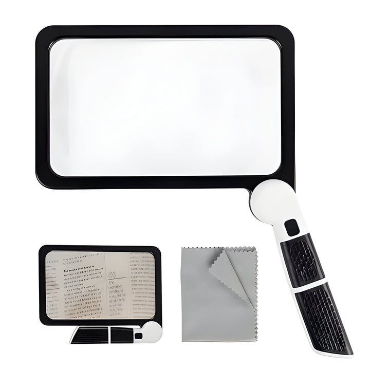 Ergonomic handheld LED magnifier with bright illumination & clear magnification for extended reading comfort.