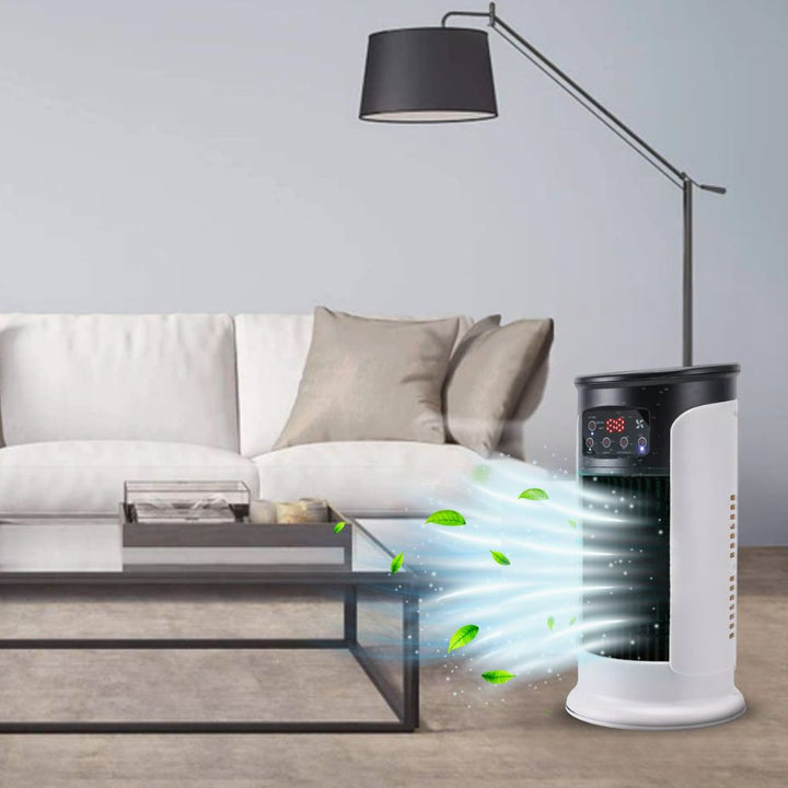 Portable stand-up air conditioner with wheels, compact design, efficient cooling, ideal for home or office use.