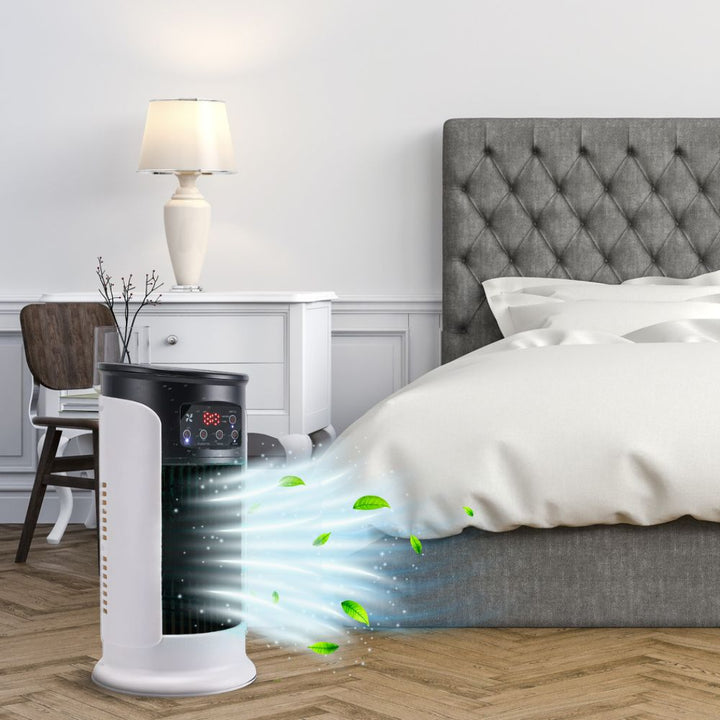 Portable stand-up air conditioner with wheels, compact design, efficient cooling, ideal for home or office use.