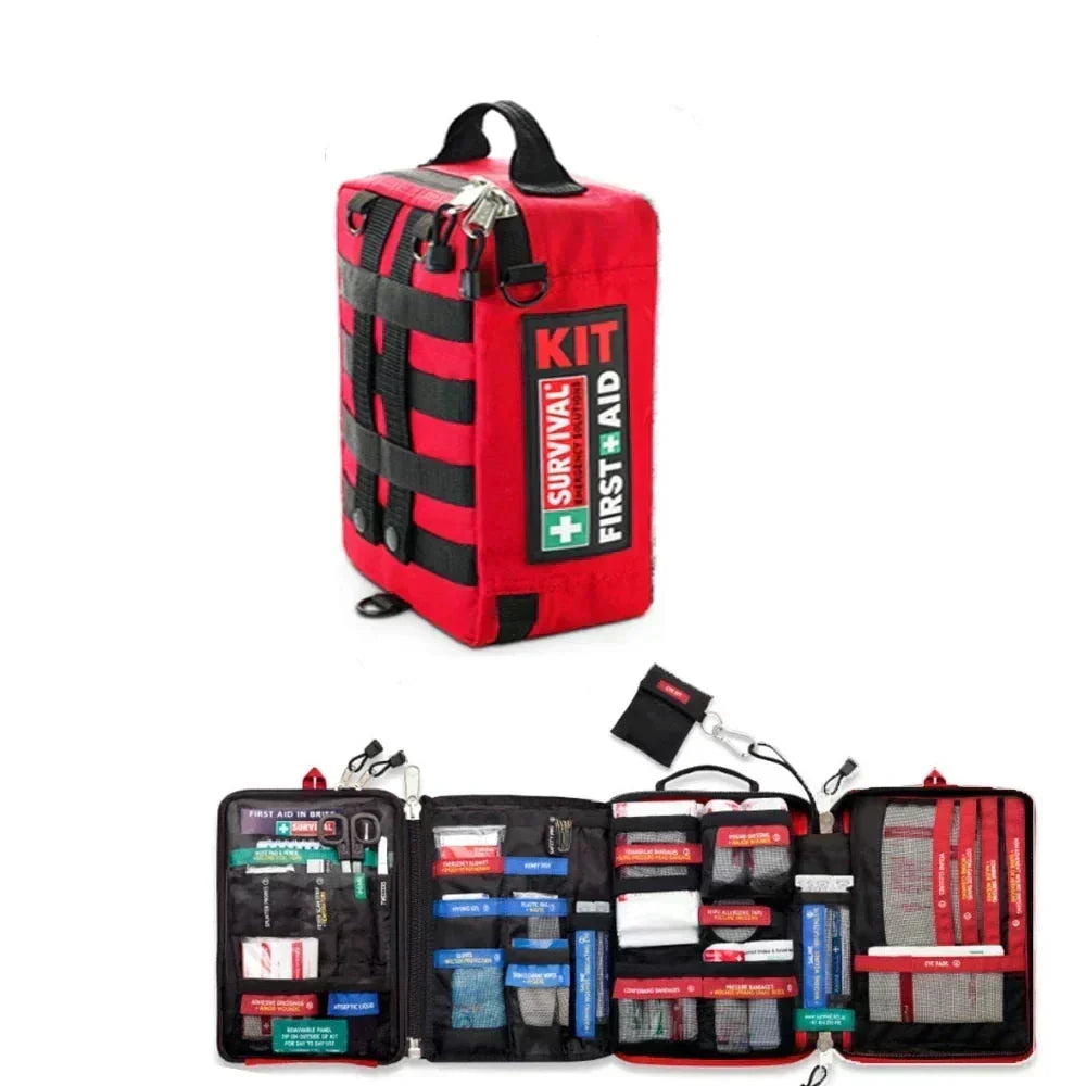 Portable waterproof first aid kit for emergencies, travel, camping, and outdoor adventures. Essential medical gear bag.