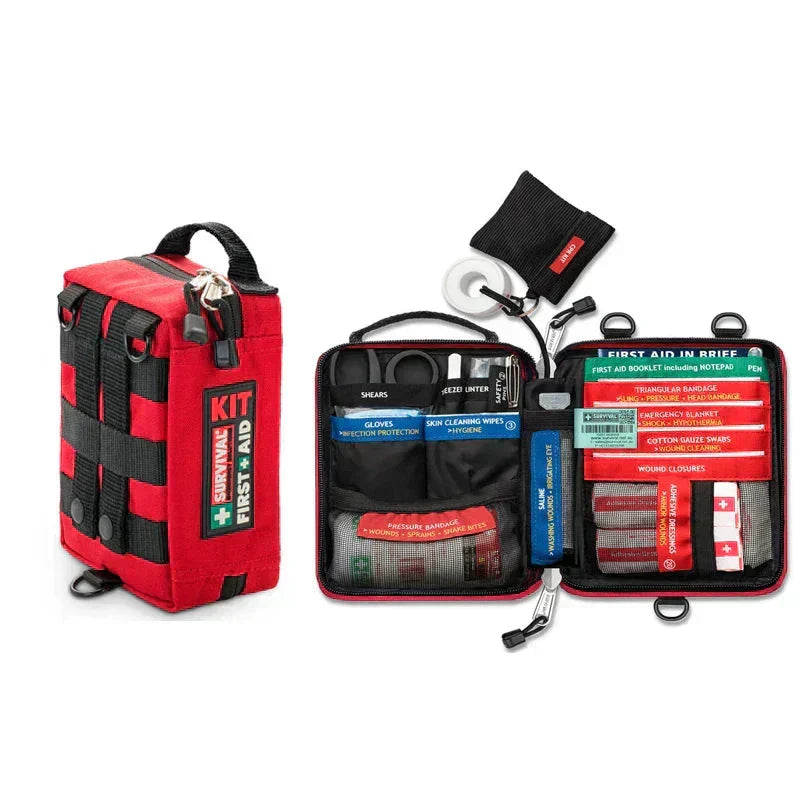 Durable waterproof first aid survival kit for hiking, camping, and outdoor adventure. Essential emergency medical bag.