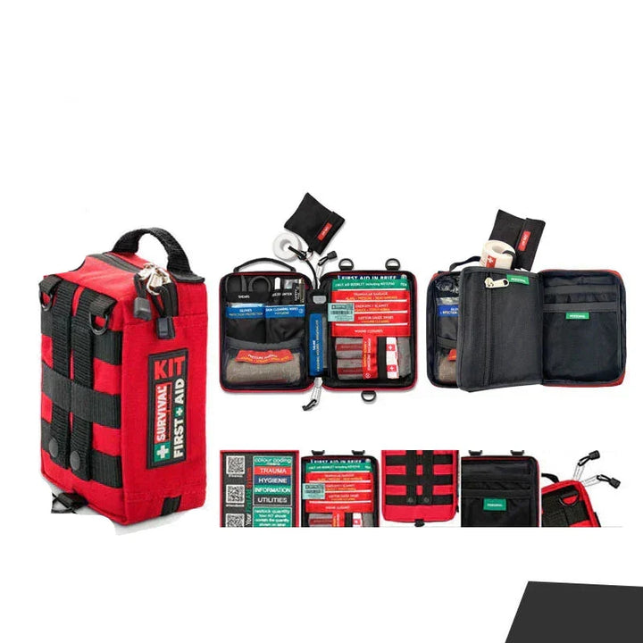 Compact waterproof first aid kit for car safety, travel, and home preparedness. Essential portable emergency medical gear.