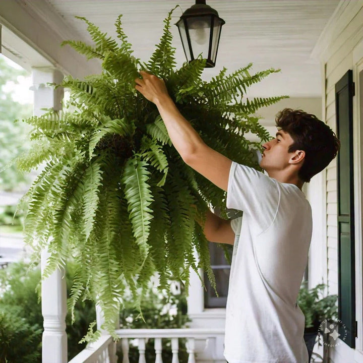 Realistic UV protected artificial Boston fern for outdoor patio decor, offering maintenance-free greenery.