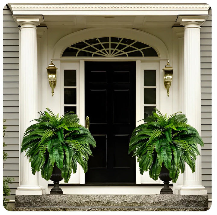 Outdoor Boston fern artificial plant in a pot, UV protected for patio & garden. Realistic, maintenance-free greenery.