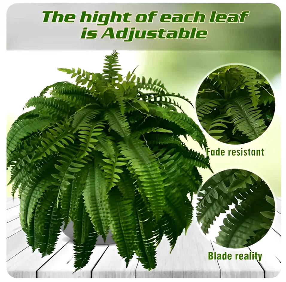Lifelike UV protected artificial Boston fern. Durable faux plant for outdoor, patio, and home decor. No maintenance.