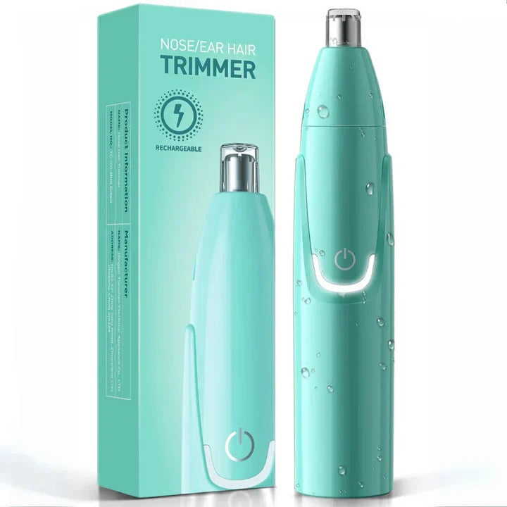 Rechargeable men's and women's nose & ear hair trimmer, sleek design, dual-edge blades, cordless, USB charging, black color.