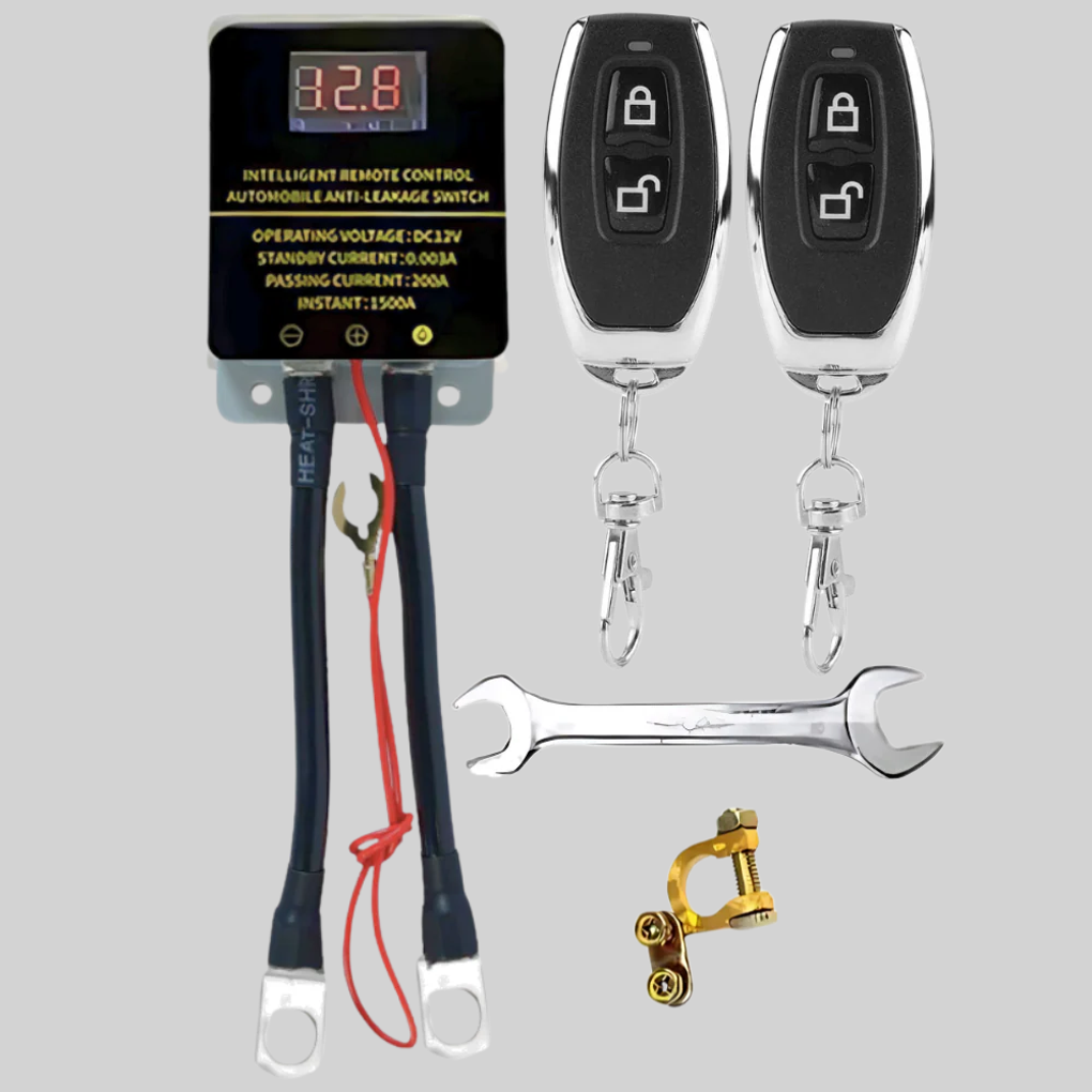 Car anti-theft kill switch. 12V remote battery disconnect system for vehicle security.