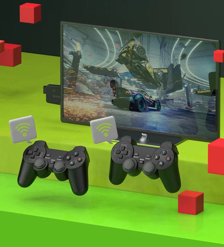 Retro console with 64GB storage, wireless controllers, offering plug and play access to classic games.