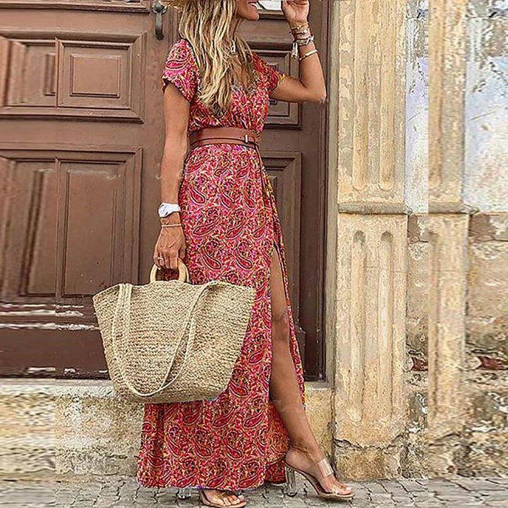 Comfortable women's long floral bohemian dress with a practical side slit, perfect as a summer vacation dress.
