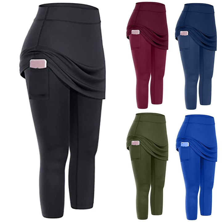 Women's skirted leggings in black, perfect activewear with practical side pockets.