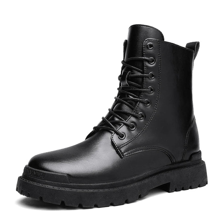Heavy-duty men's black combat boots with secure lace-up and quick side zip. Comfortable & durable work/outdoor ankle footwear.