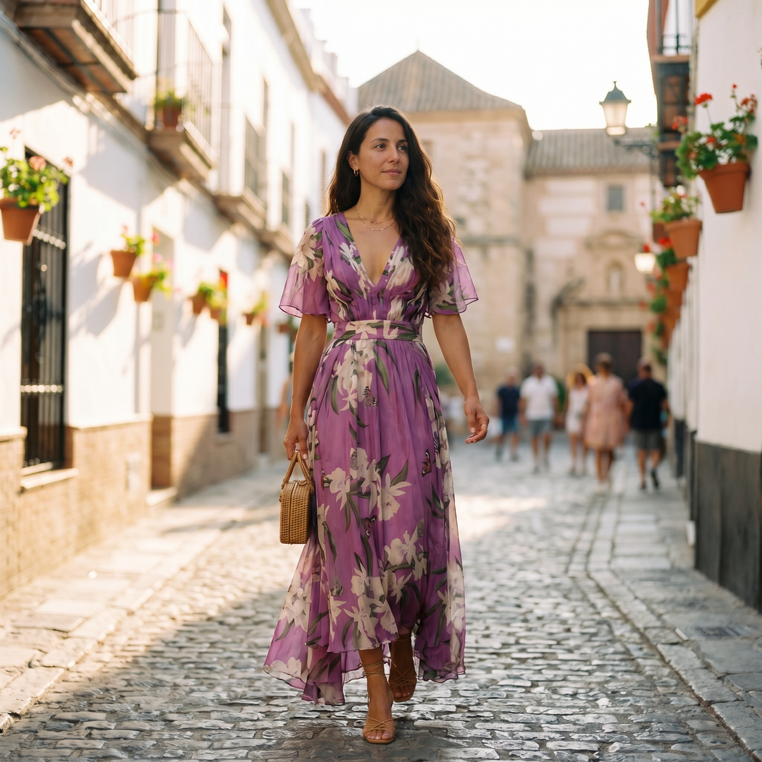 Elegant women's floral V-neck maxi dress, perfect for spring parties, casual wear, or special occasions.