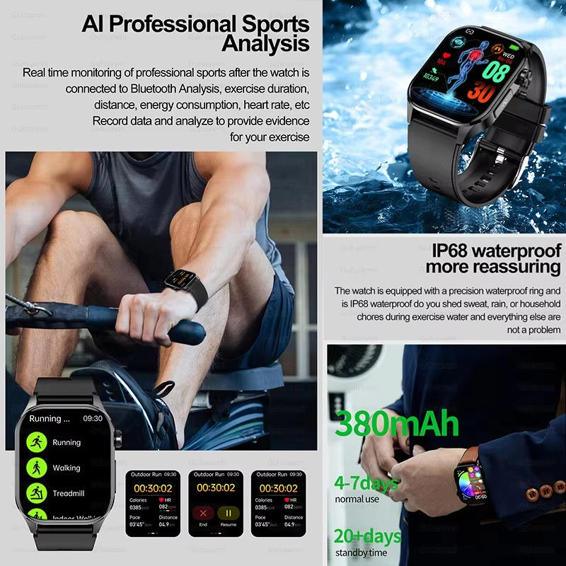 Smartwatch for seniors tracking blood pressure, blood sugar, heart rate, and blood oxygen levels.