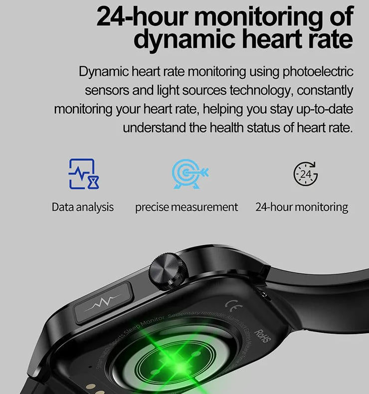 Health tracker smartwatch for seniors, monitoring vital signs, blood sugar, and providing fitness data.