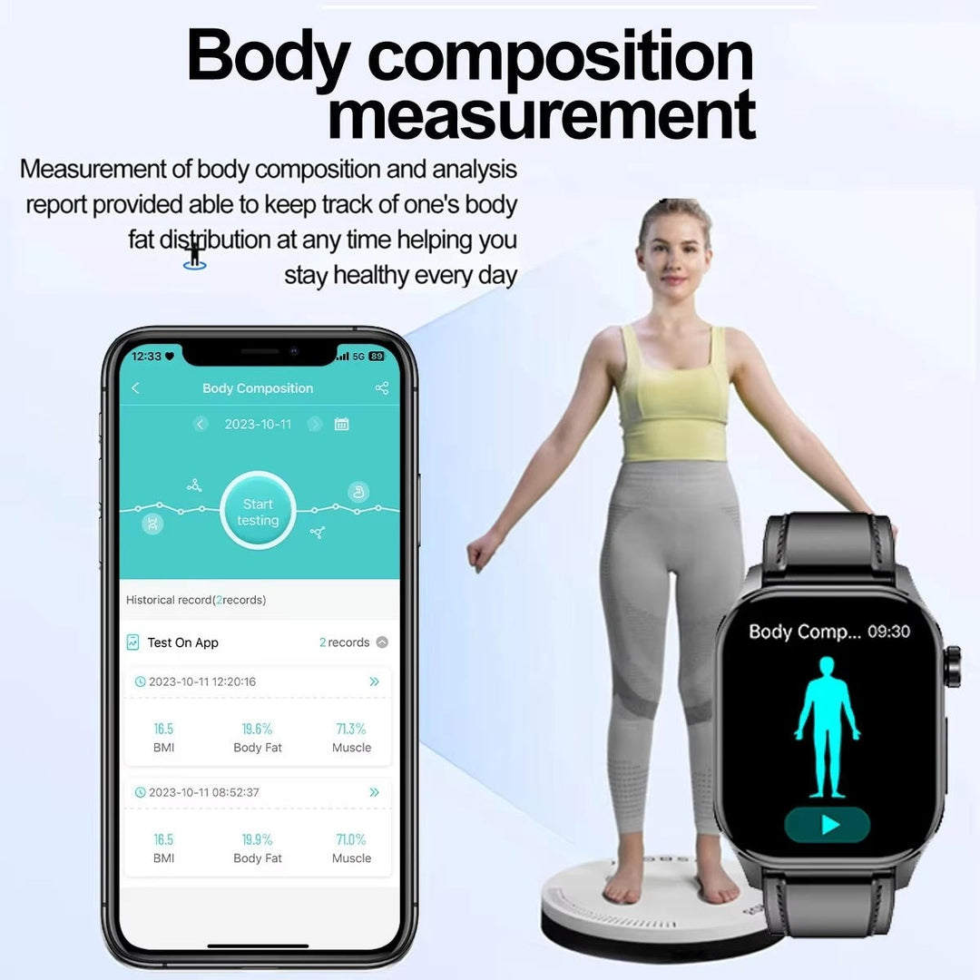 Modern senior health monitoring smartwatch with bright display for vital signs, blood sugar, & fitness.