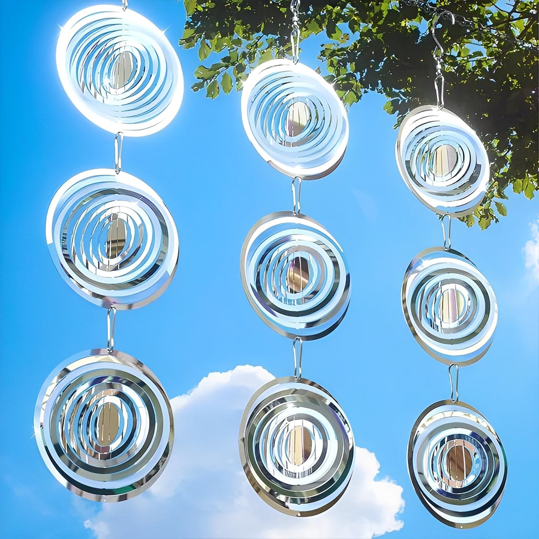 Set of 3 reflective outdoor bird deterrent spinners. Ideal for garden, patio, & yard pest control & protection.