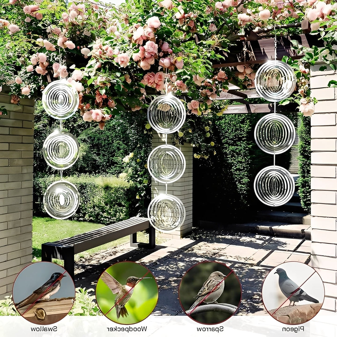 Hanging stainless steel bird deterrent spinners. Reflective design for effective garden & yard pest control.