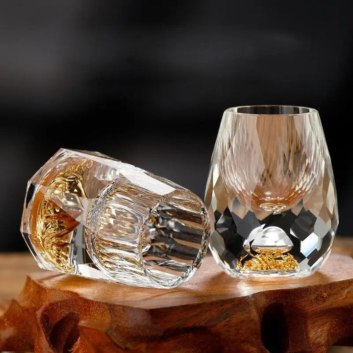 Stunning set of 6 cut crystal shot glasses with intricate design, essential drinkware for a sophisticated home bar.