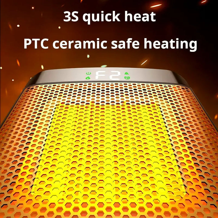"Sleek compact electric heater with PTC ceramic tech, fast heat and energy-efficient, perfect for bedrooms and offices."