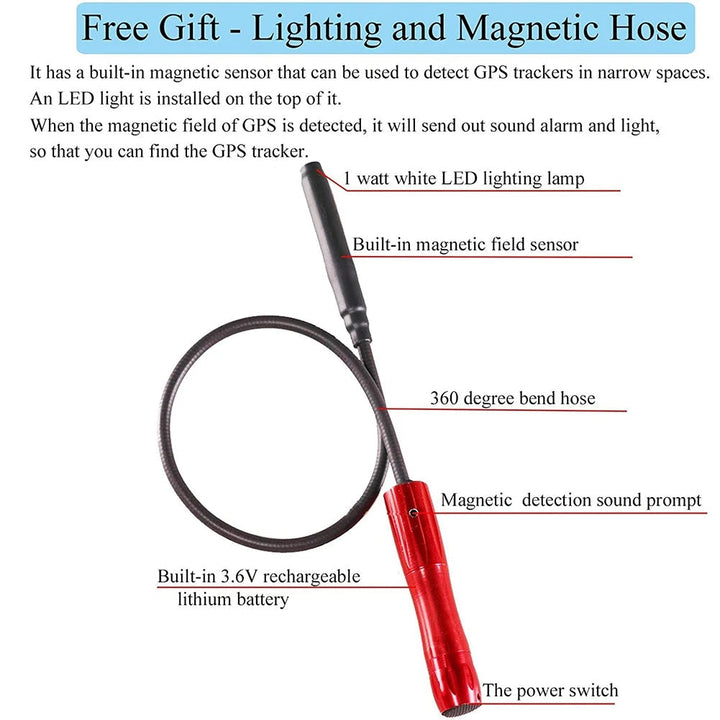 "Sleek GPS tracker detector with free detection tube; compact tech gadget for hidden device protection."