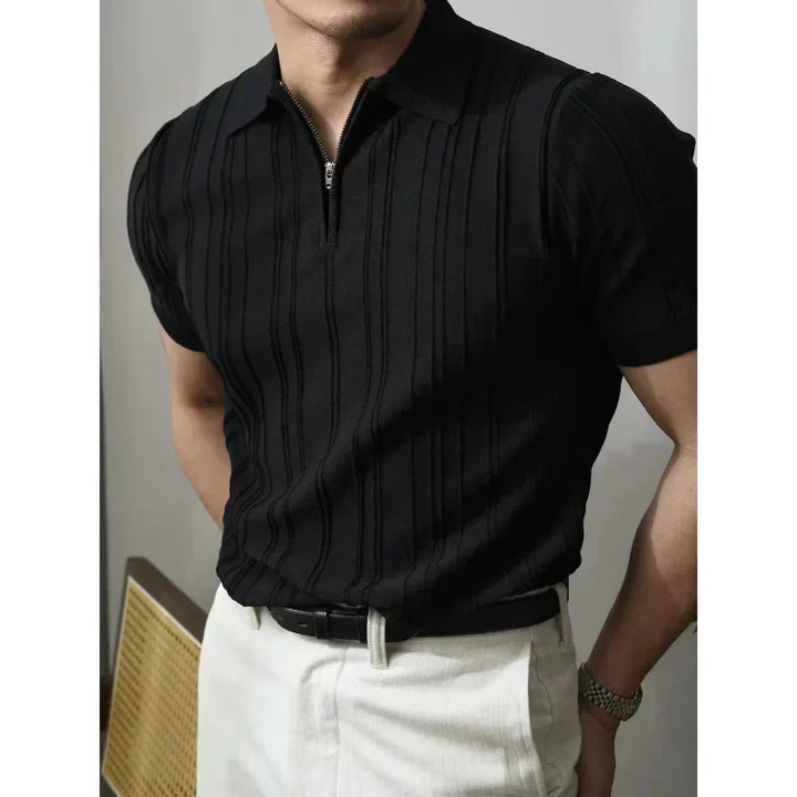 Fashionable men's slim fit zipper polo shirt, short sleeve, great for everyday style.