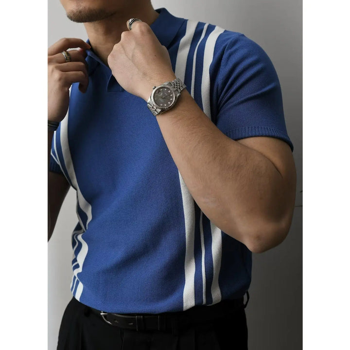 Trendy men's slim fit zipper polo, short sleeve, perfect for a modern urban street style.