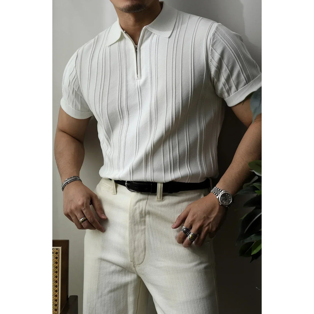 Short sleeve men's slim fit polo, zipper detail, ideal for a smart, modern fashion statement.