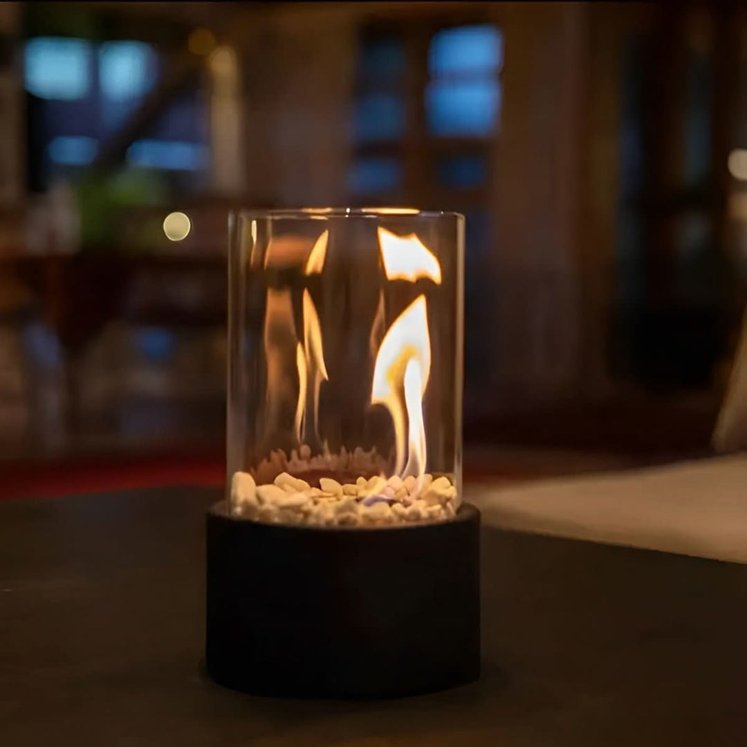 Smokeless tabletop fireplace with a modern design, perfect for indoor & outdoor cozy ambiance.
