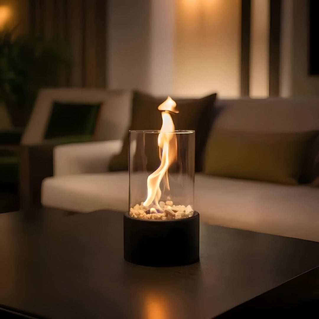 White portable smokeless tabletop fireplace, creating cozy lighting for any home accent.
