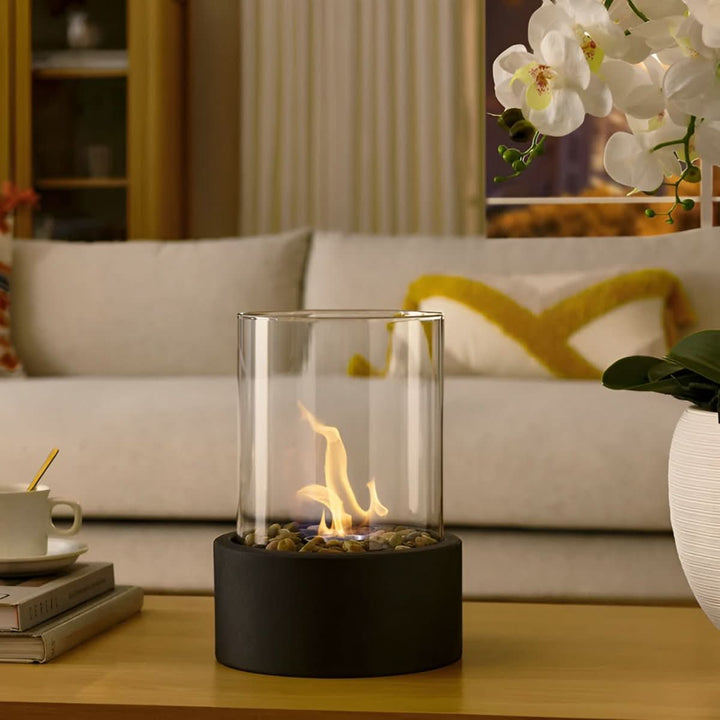 Contemporary smokeless tabletop fire, a perfect home accent for cozy indoor or outdoor settings.