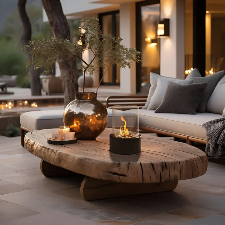 Portable tabletop fireplace for instant indoor/outdoor ambiance, featuring a clean, smokeless flame.