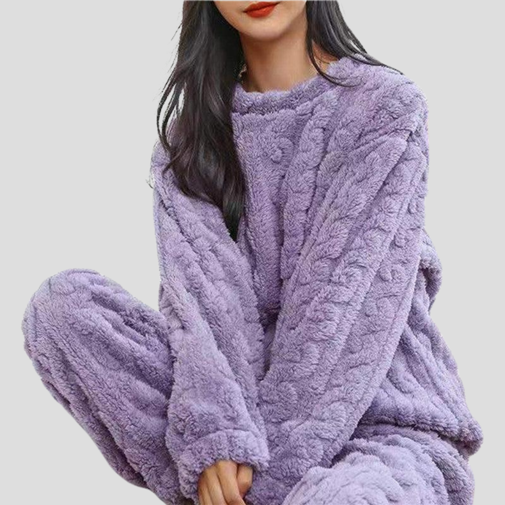 Comfortable women's plush fleece pajama set. Perfect soft loungewear and warm sleepwear for cozy nights.