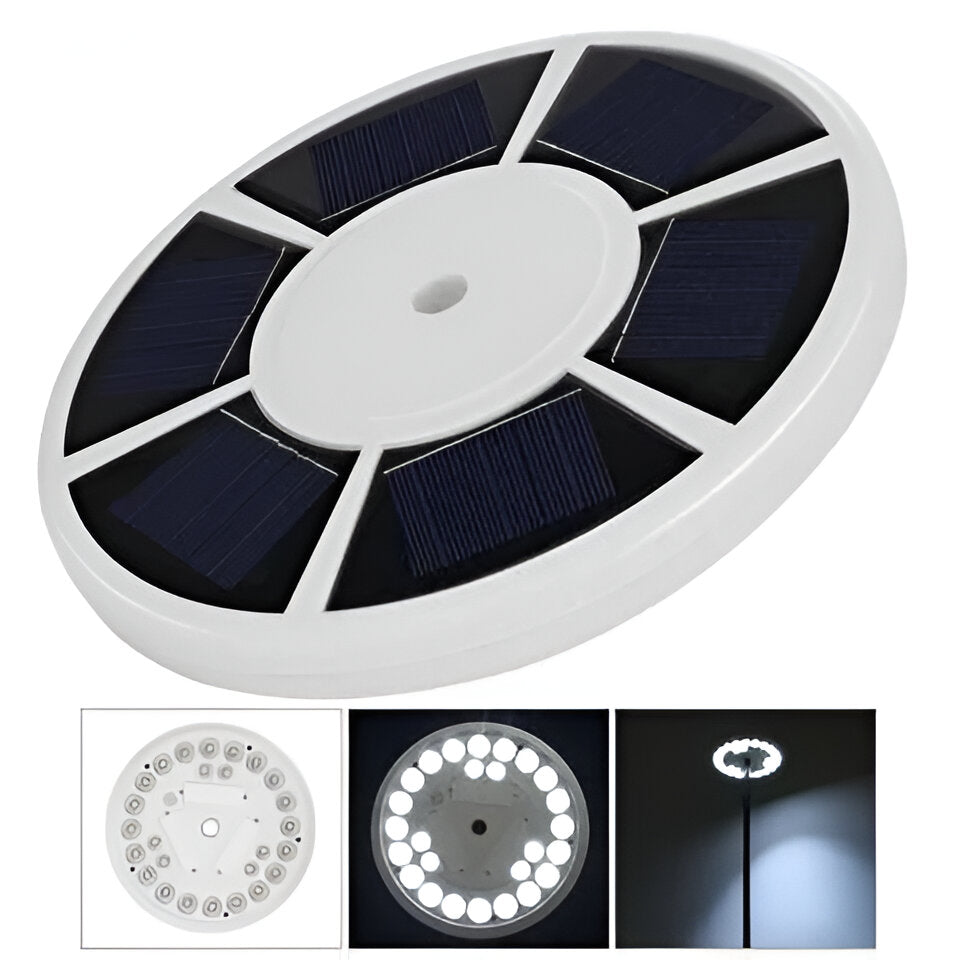 Patriotic solar LED light brightens flagpole in garden or yard for continuous visibility after dark.