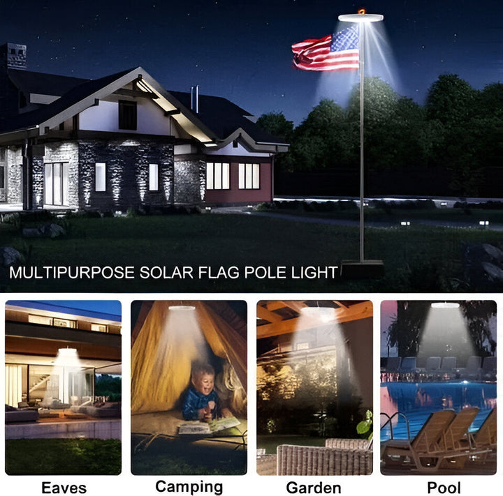 Top-mounted solar LED flagpole light provides vivid, continuous flag illumination at night.