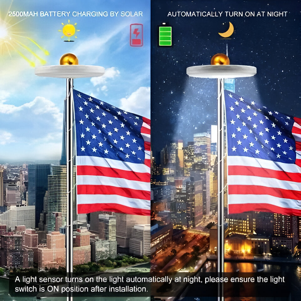 Durable, weatherproof solar LED flagpole light for continuous, bright flag visibility outdoors.