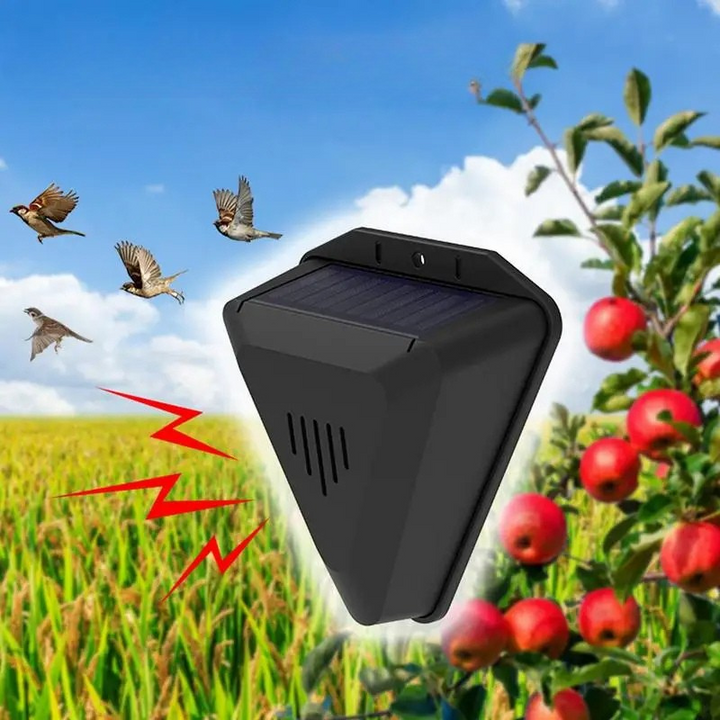 Solar powered bird & pest deterrent. Outdoor, humane, eco-friendly garden protection. Automatic sound repeller.
