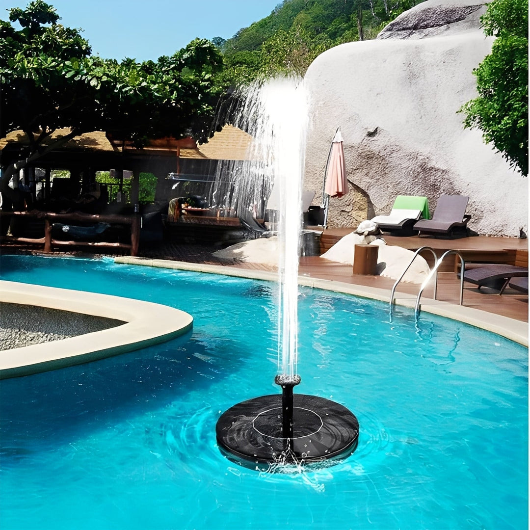 Solar-powered floating fountain pump enhances bird baths & ponds, creating an eco-friendly water feature.