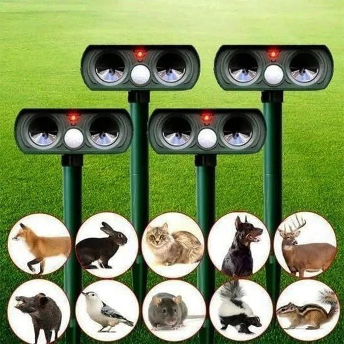 Close-up of solar panel on motion-activated animal deterrent. Eco-friendly pest control for garden & outdoor security.