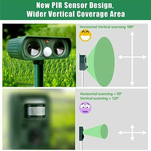 Solar animal deterrent protecting a vegetable patch. Motion-activated ultrasonic device for yard defense & garden security.
