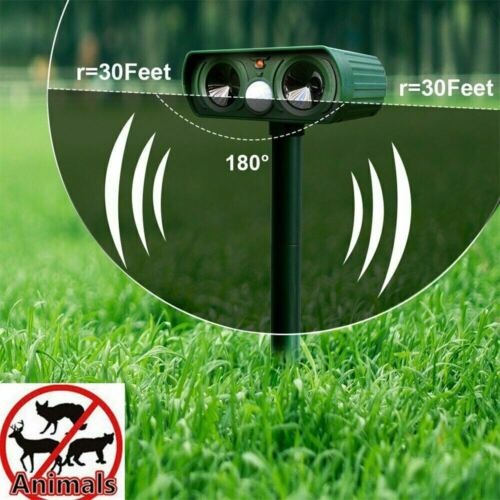 Outdoor solar-powered animal deterrent with motion sensor. Ultrasonic pest control for gardens, yards & property protection.