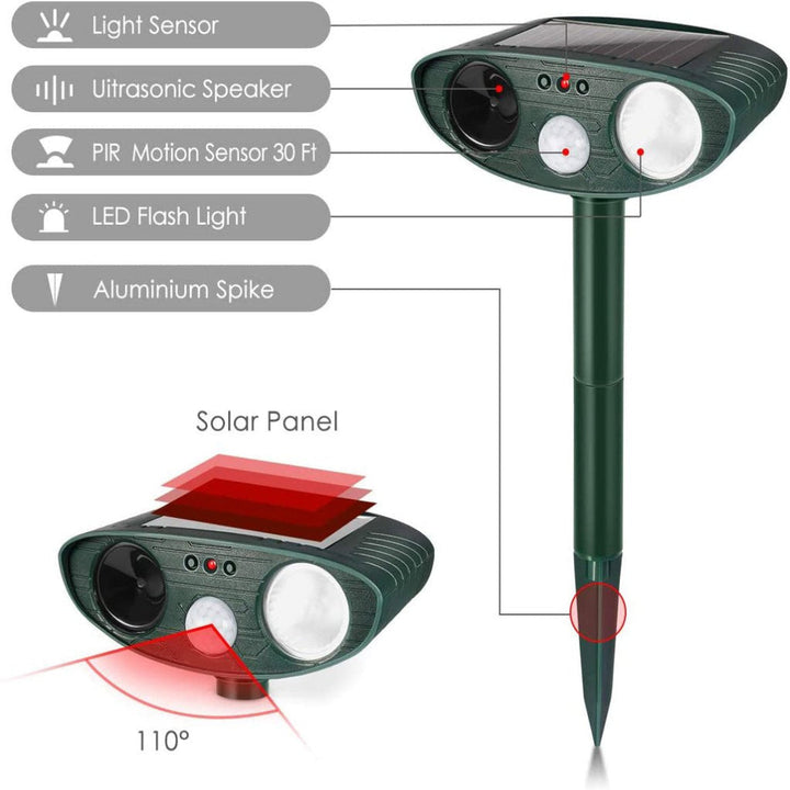 Solar ultrasonic rabbit repeller for garden & yard defense. Eco-friendly pest control.